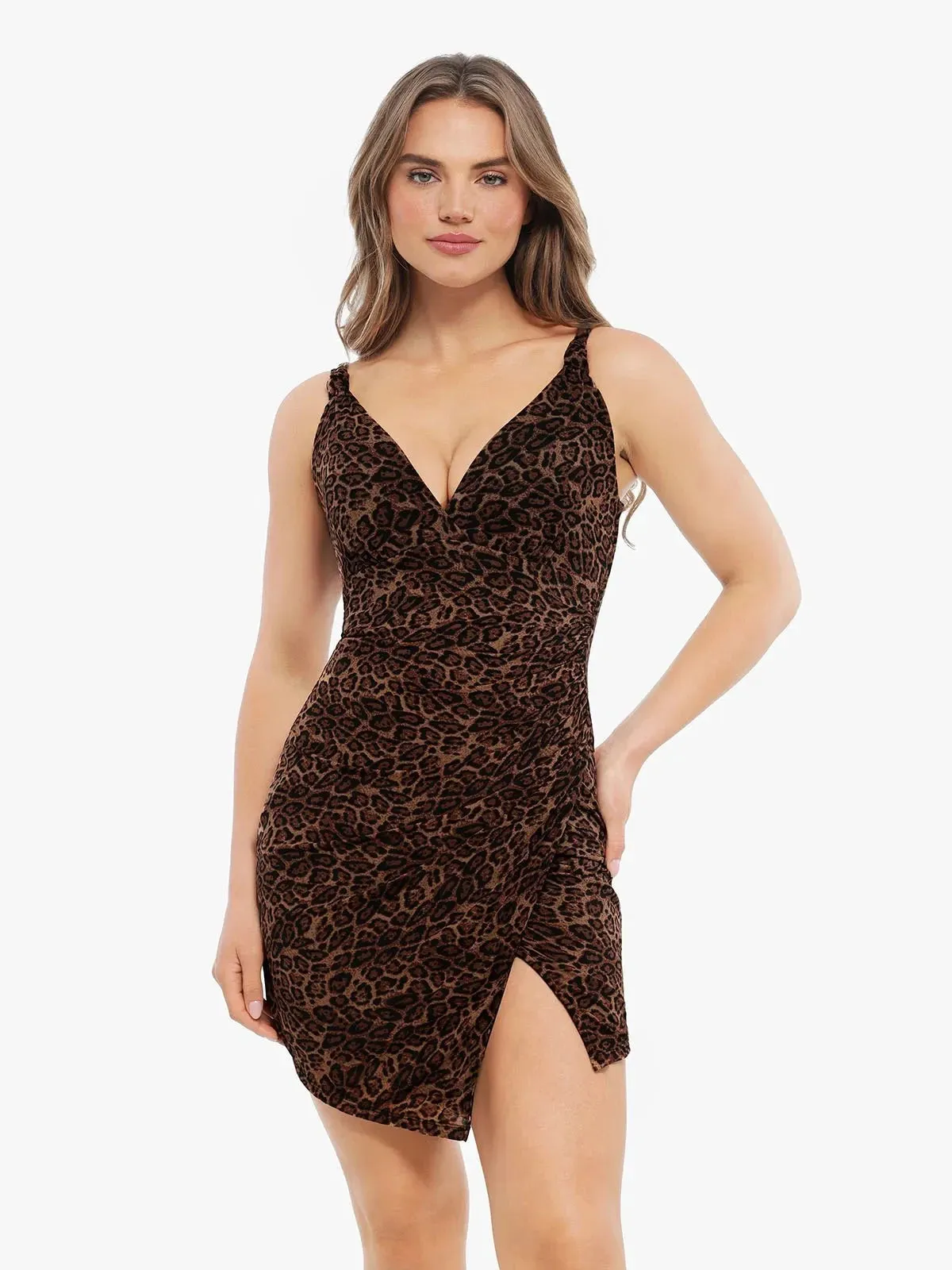 Bohemian style Glow In The Dark Accent Trim Shapewear Leopard Sculpting Side Slit Mini Dress