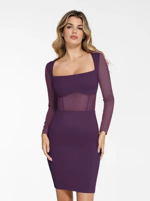 Abrasion Resistant Surface Shapewear Long Sleeve Mesh Inset Bodycon Midi Dress