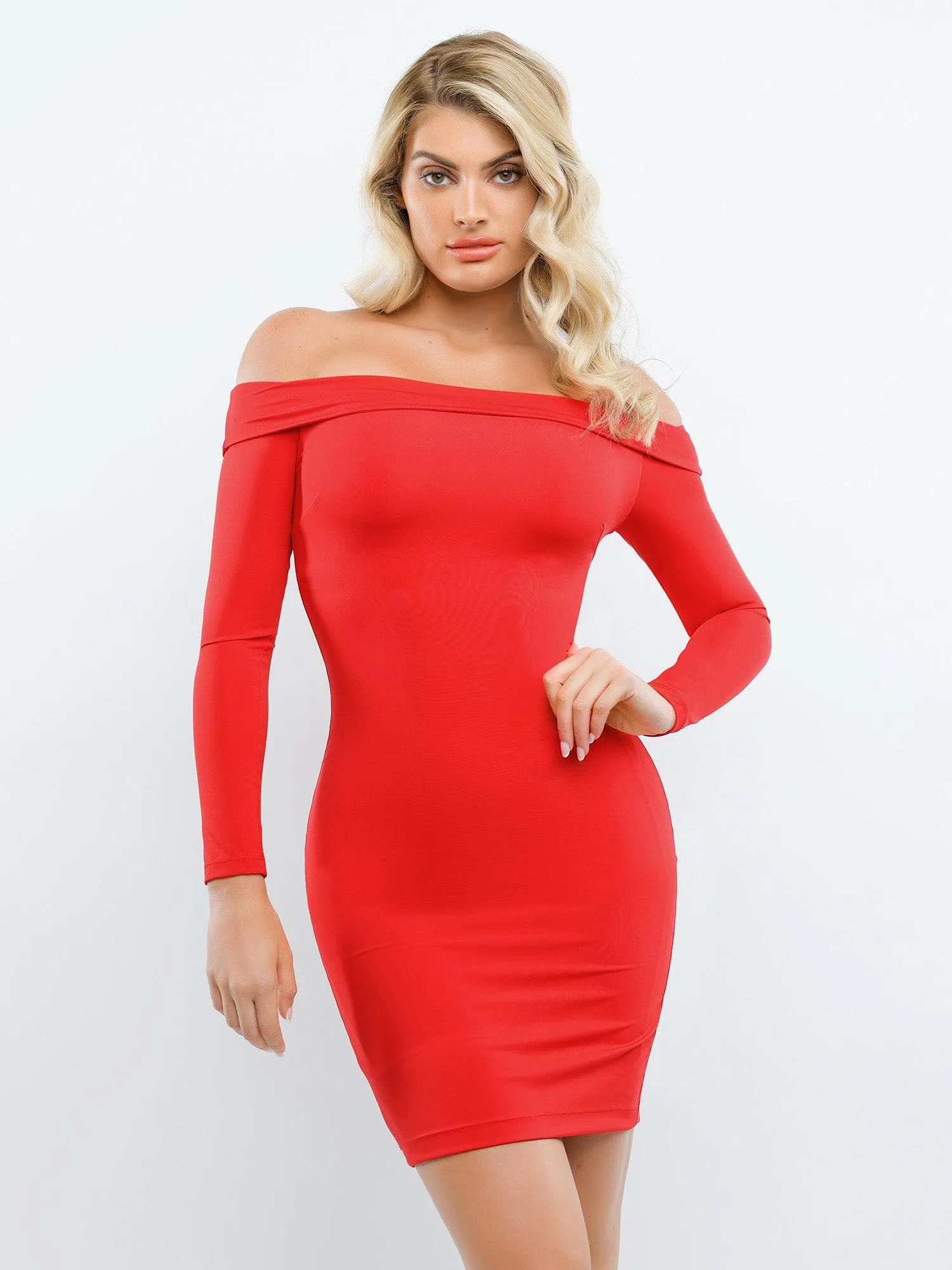 Shapewear Long Sleeve Off-the-Shoulder Bodycon Mini Dress Double Needle Hemming