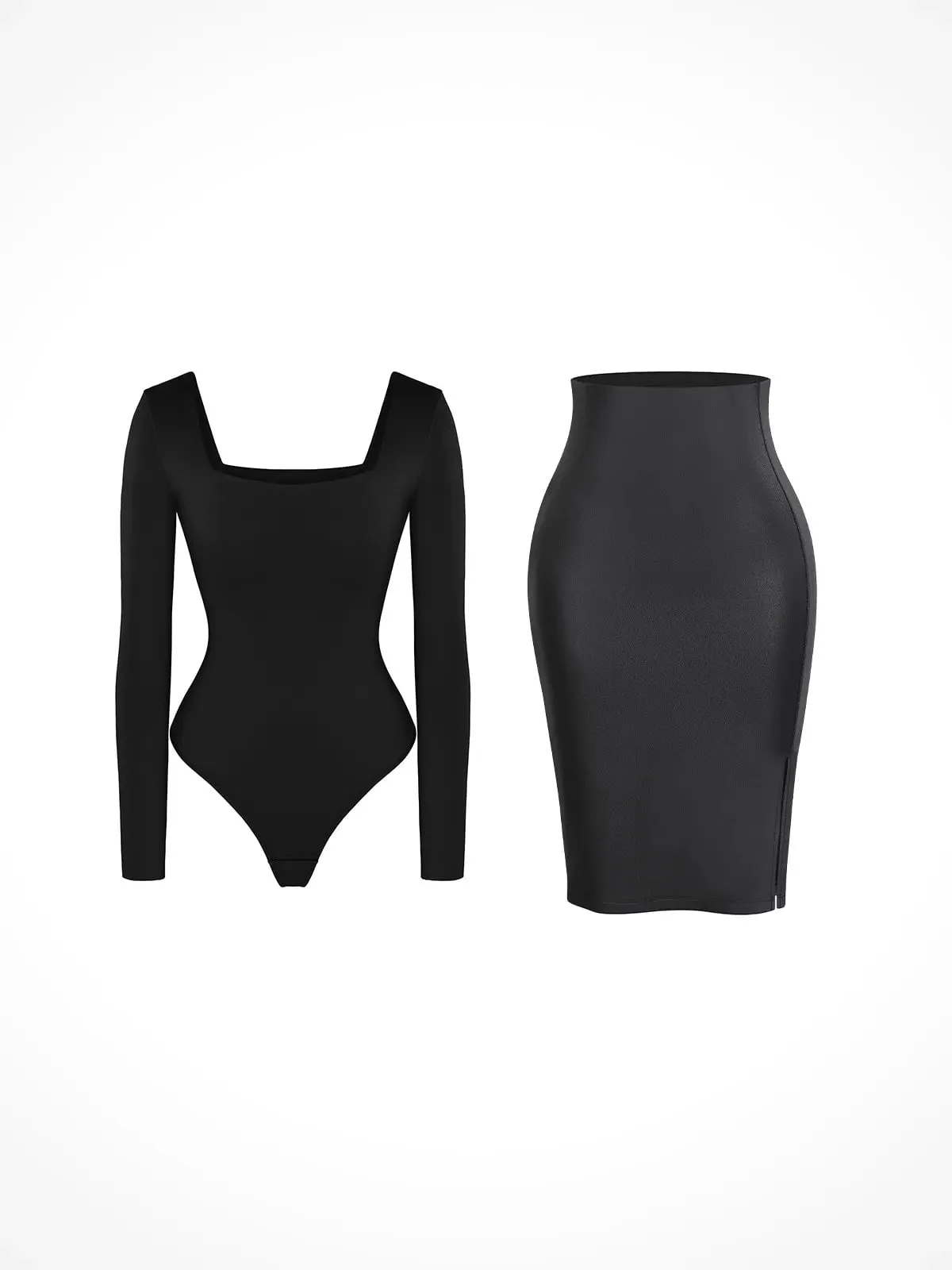 Durable Double Stitching AntiPilling Finish Shapewear Long Sleeve Sculpting Bodysuit Leather Midi Skirt Set