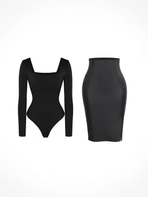 PolyesterBlend Shapewear Long Sleeve Sculpting Bodysuit Leather Midi Skirt Set
