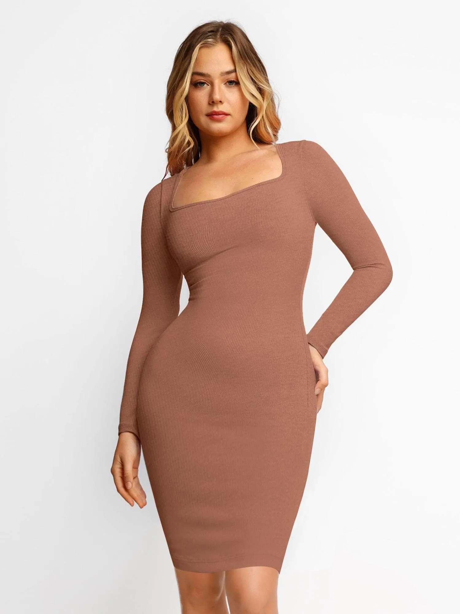 Shapewear Long Sleeve Square Neck Modal Slimming Midi Dress Elasticized Waistband