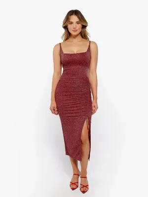 Non Chafing Edges Shapewear Metallic Knit Bodycon Sculpting Midi Slip Dress
