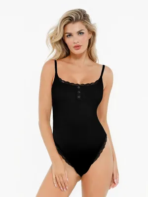 Shapewear Modal Strappy Lace Trim Sculpting Henley Bodysuit YarnDye Technique Thermoregulating Fabric