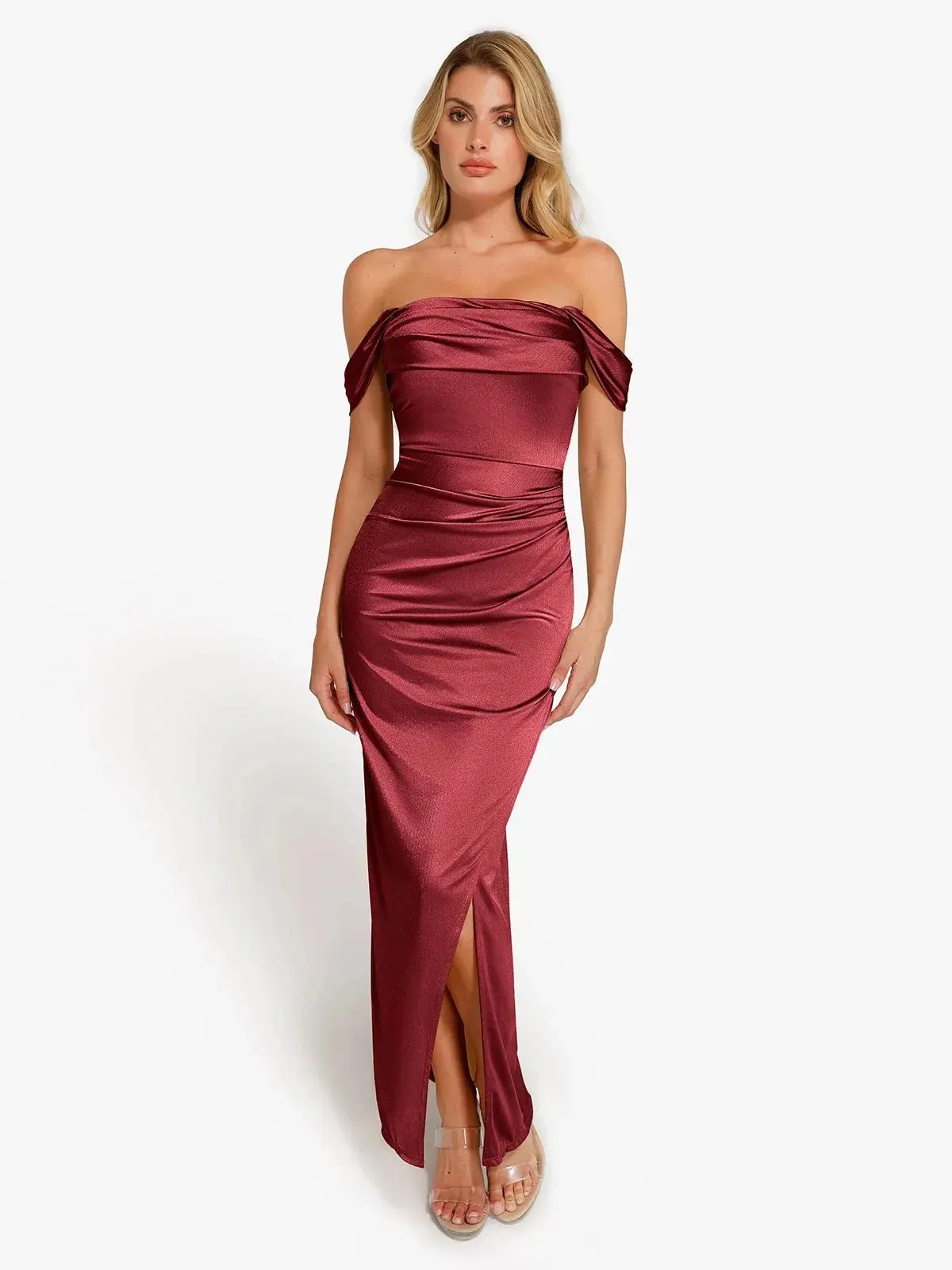 Comfy Vibes Trendy Design Shapewear Off Shoulder Shine Ruched Sculpting Maxi Dress