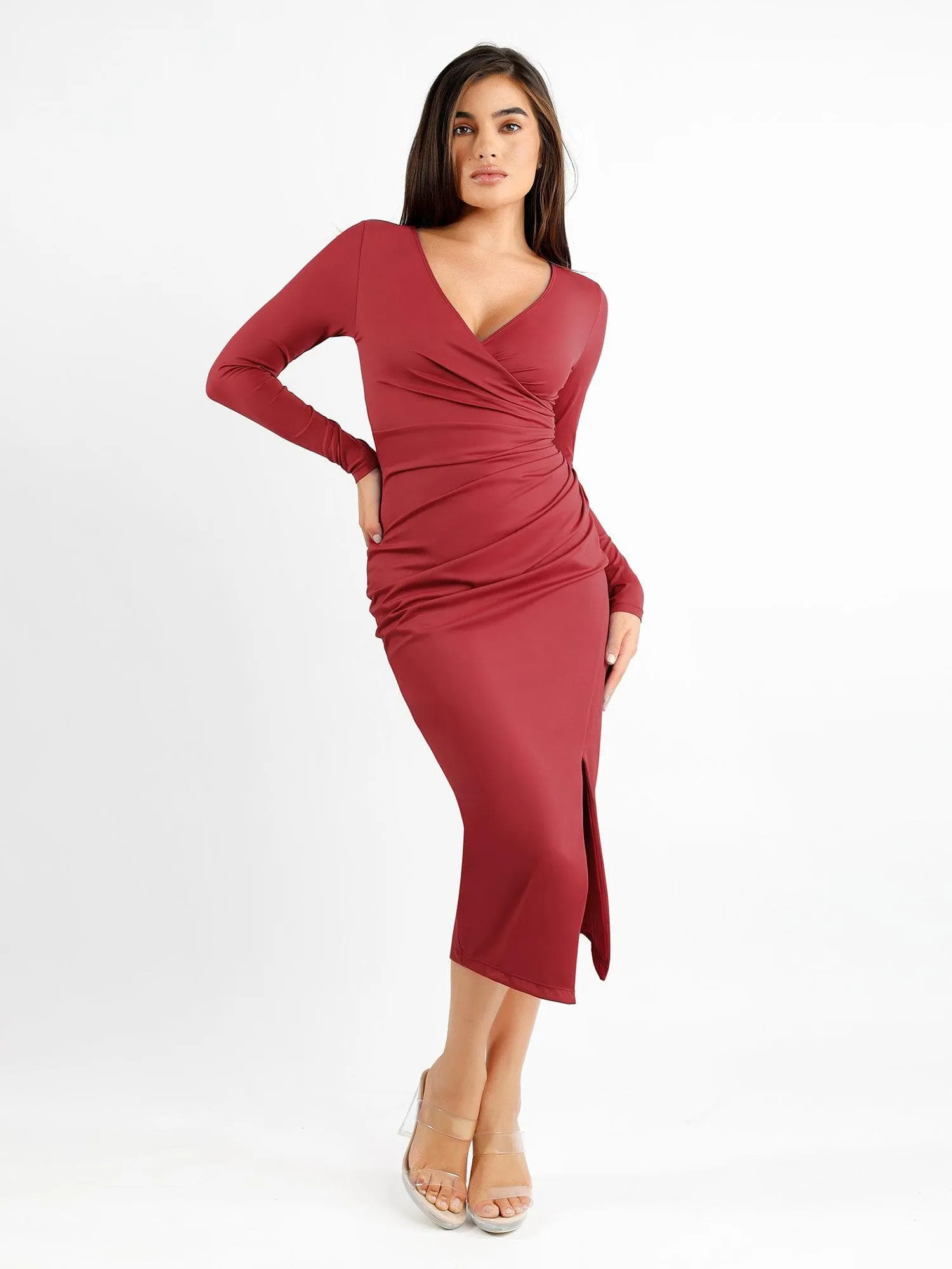 NonRestrictive Shapewear Ruched Long Sleeve Faux Wrap Slimming Midi Dress