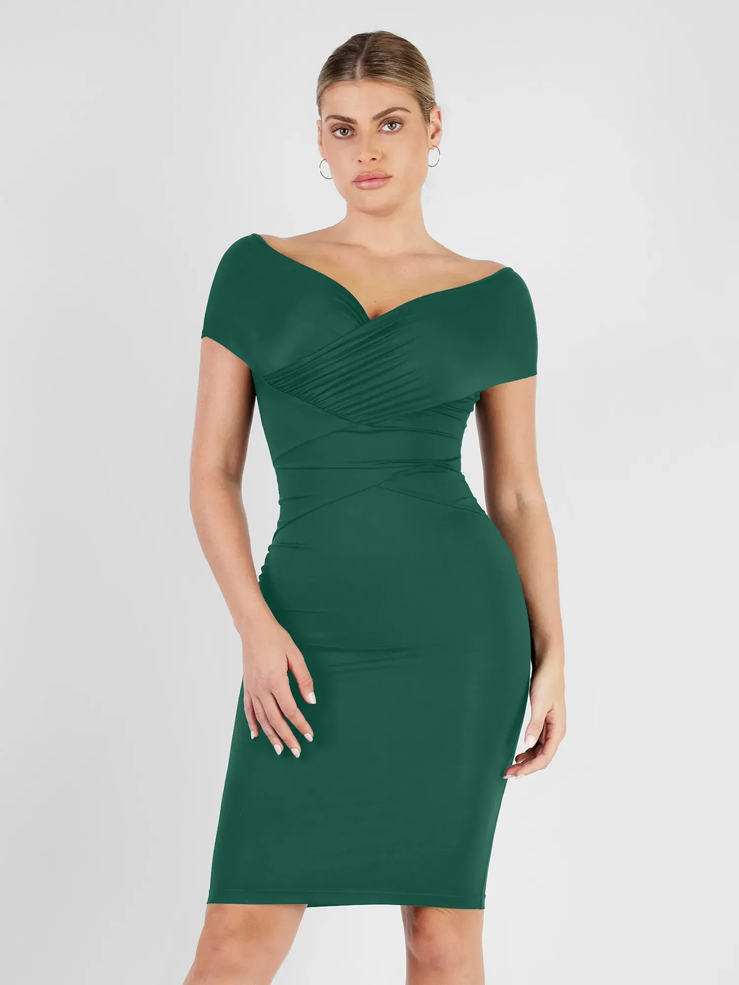 Odor Resistant Finish Soft Touch Fabric Shapewear Ruched Off-Shoulder Sculpting Midi Dress