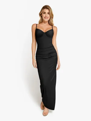 Quick Dry Material Stylish Look Shapewear Ruched Shine Sculpting Maxi Slip Dress