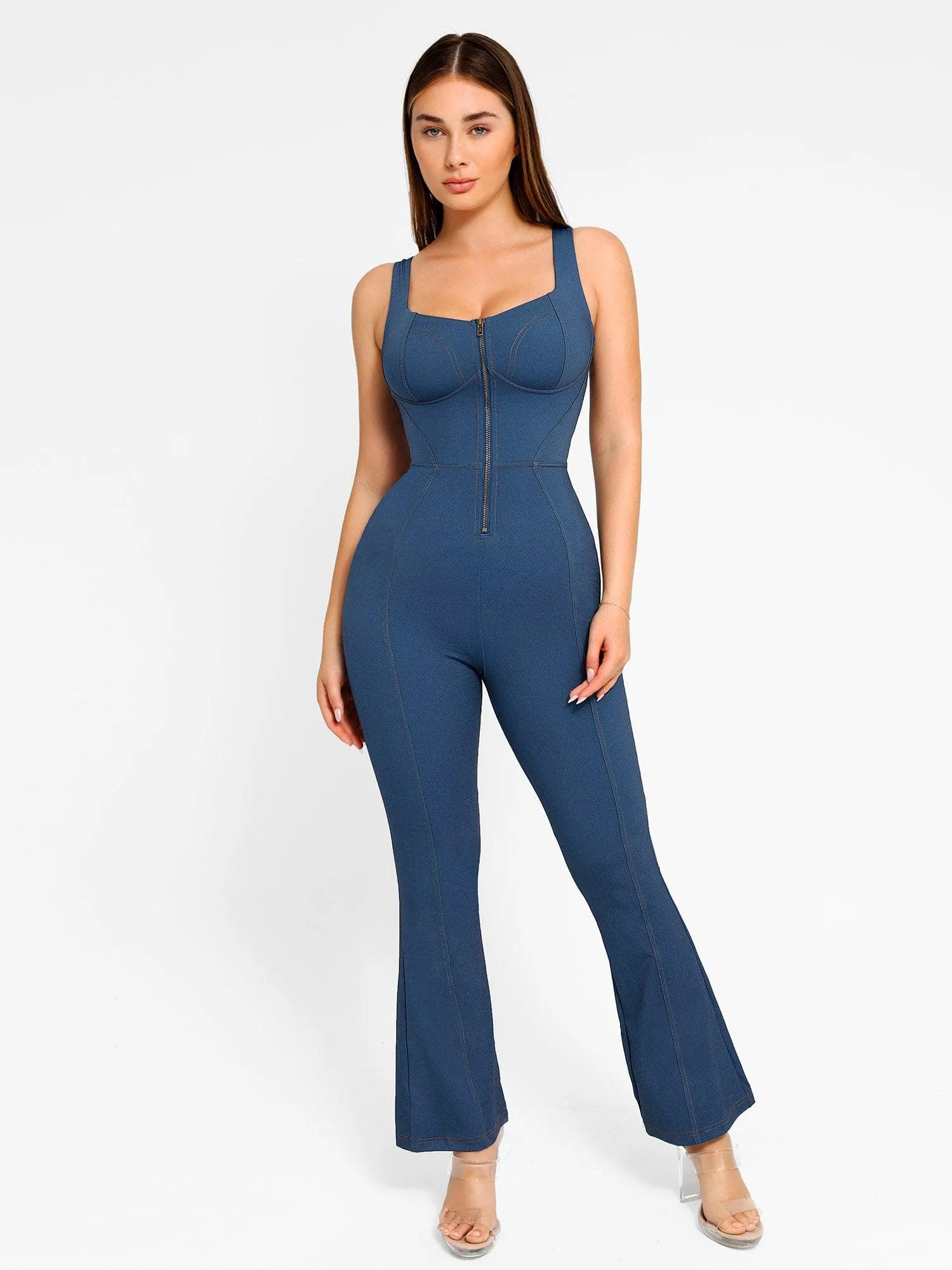Shapewear Sculpting Denim Tank Flare Leg Jumpsuit Non Irritating Label AntiPillTreatment