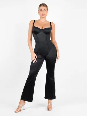 Denim finish Shapewear Sculpting Shine Flare Leg Corset Jumpsuit