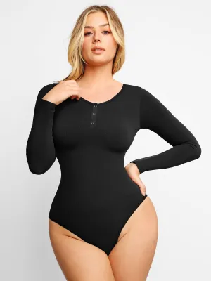 WrinkleFree Fabric Shapewear Seamless Modal Long Sleeve Henley Bodysuit