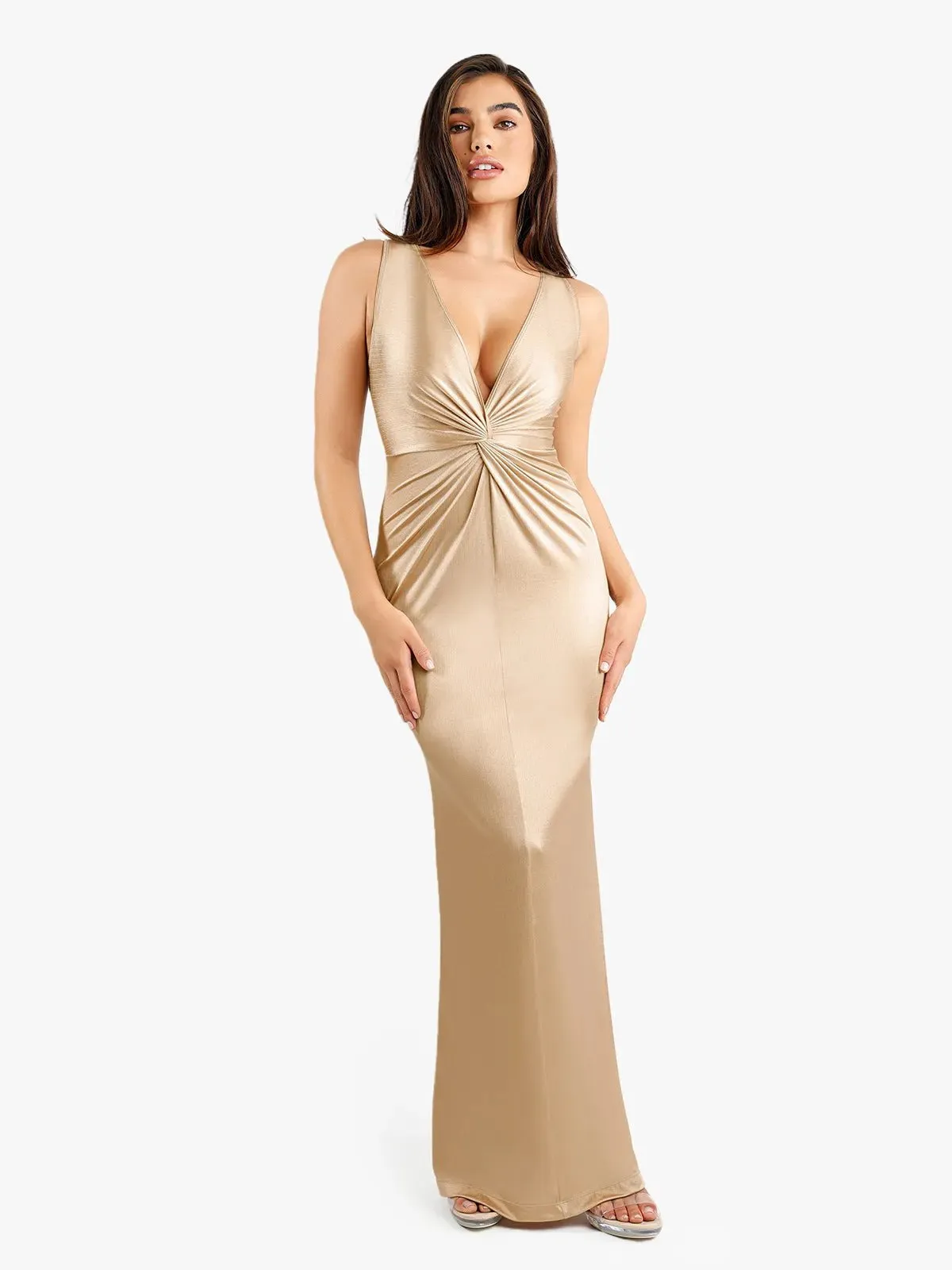 Shapewear Shine Deep V-Neck Bias Twist Hourglass Maxi Dress FlexibleKnit