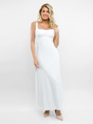 RibbedCollar Shapewear Sleeveless Square Neck Houglass A-Line Maxi Dress