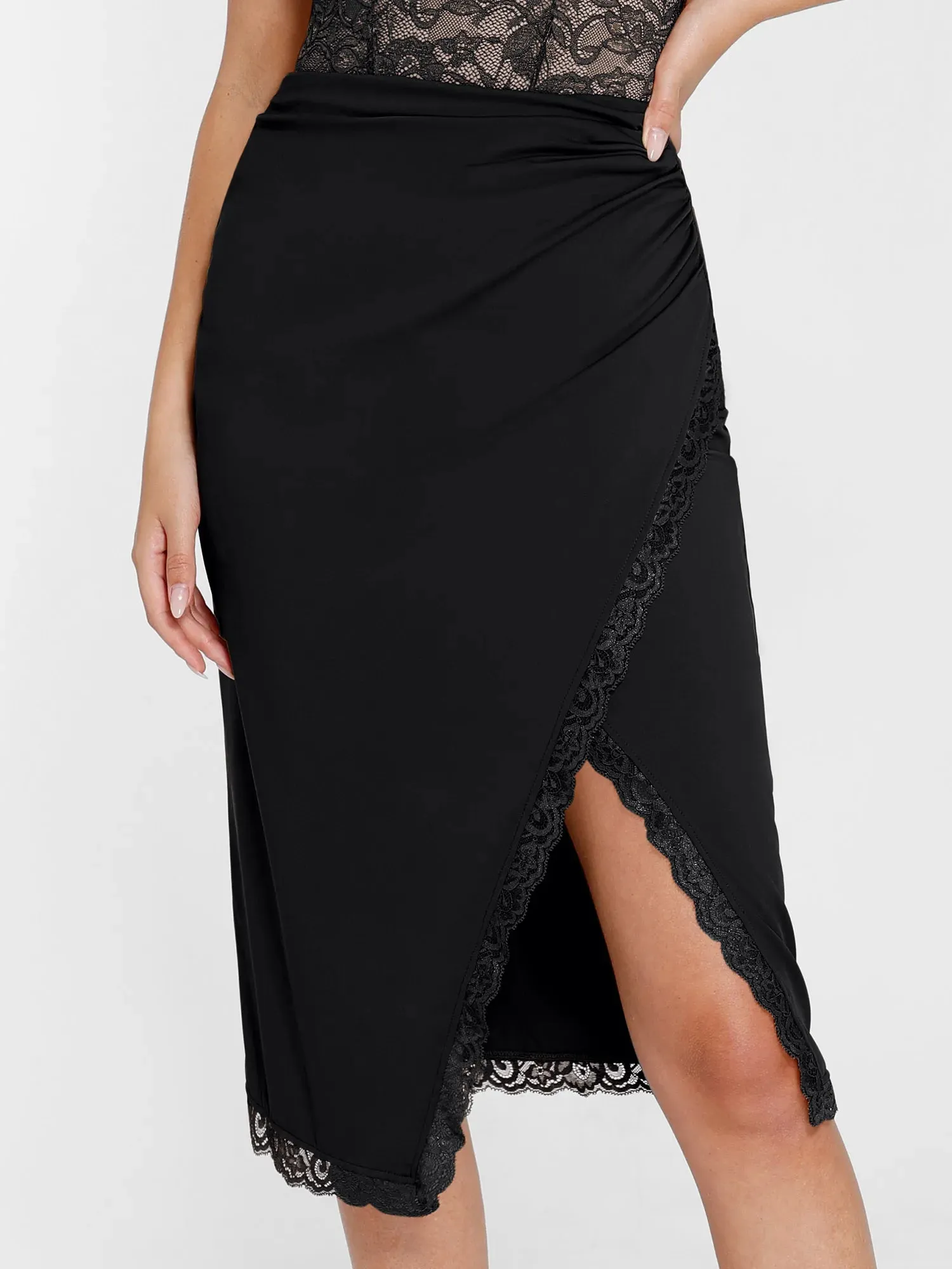 AbrasionResistantEdging Shapewear Slimming Lace Trim Midi Wrap Skirt