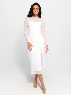 Shapewear Slimming Midi Dress and Sheer Mesh Overlay Set Reinforced Neckline