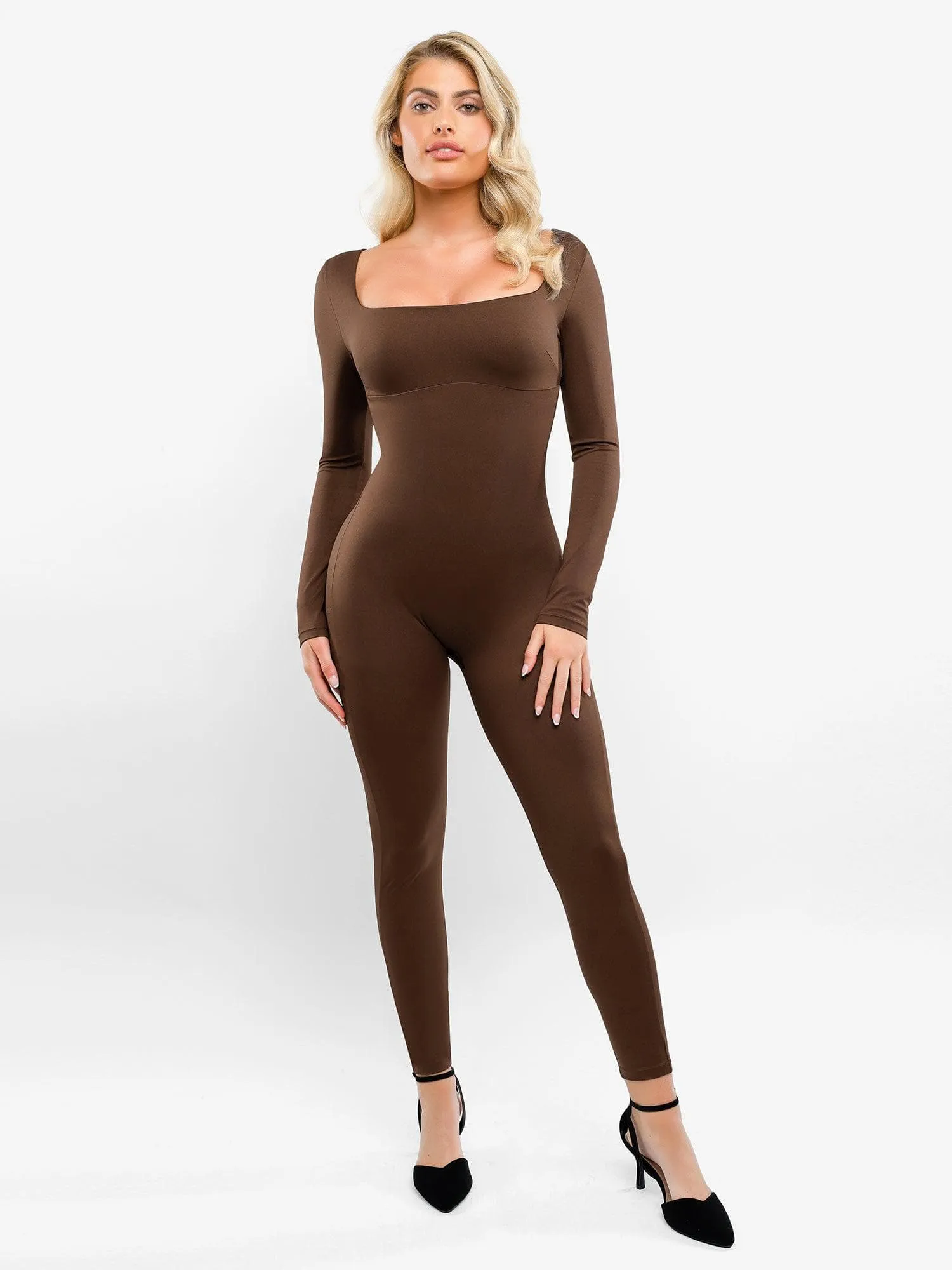 Shapewear Square Neck Long Sleeve Butt Lift Jumpsuit Snag Resistant Surface Lightweight Layering Option