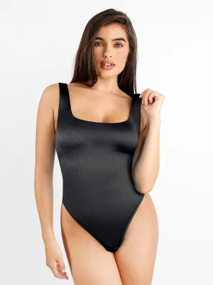 Stain Resistant Treatment Shapewear Square Neck Smoothing Shine Thong Bodysuit