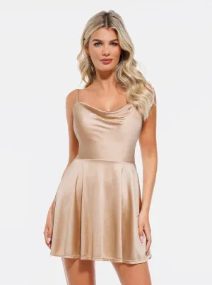 Shapewear Strappy Cowl Neck Tummy Control Flare Dress Layered Placket Design