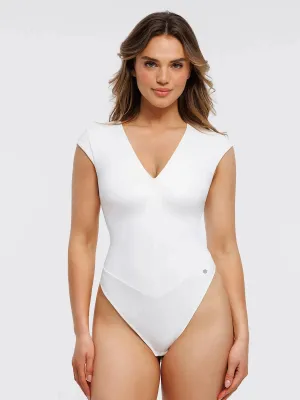 Slim Silhouette Shapewear V Neck Cap Sleeve Tummy Control  Bodysuit