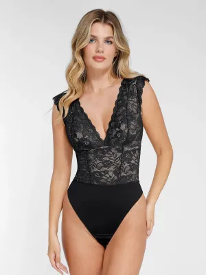 Shapewear V-neck Sleeveless Sculpting Lace Bodysuit SecurePockets