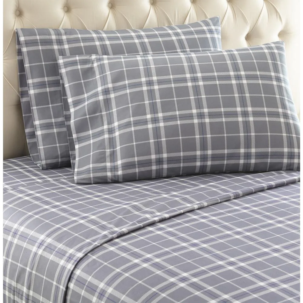 Shavel Micro Flannel Printed Sheet Set - Twin XL Flat/Fitted Sheet 66x96/81x39x14" Pillowcase 21x32" - Carlton Plaid Gray.