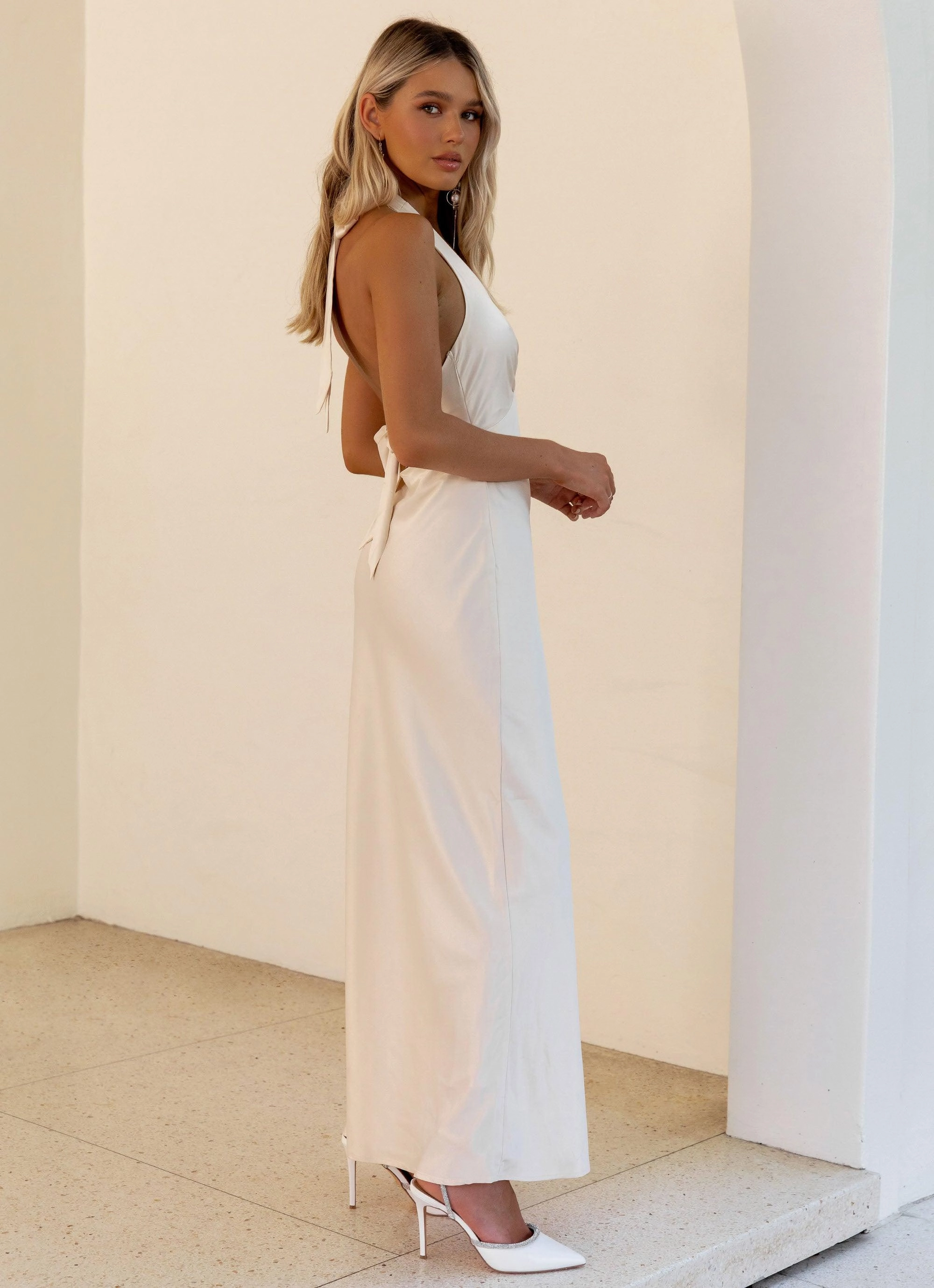 Simple Bow Heavy Hearted Satin Maxi Dress - Pearl