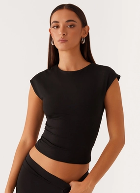 Shes A Lady Top - Black Stretch Waistband Design Interlock Knit