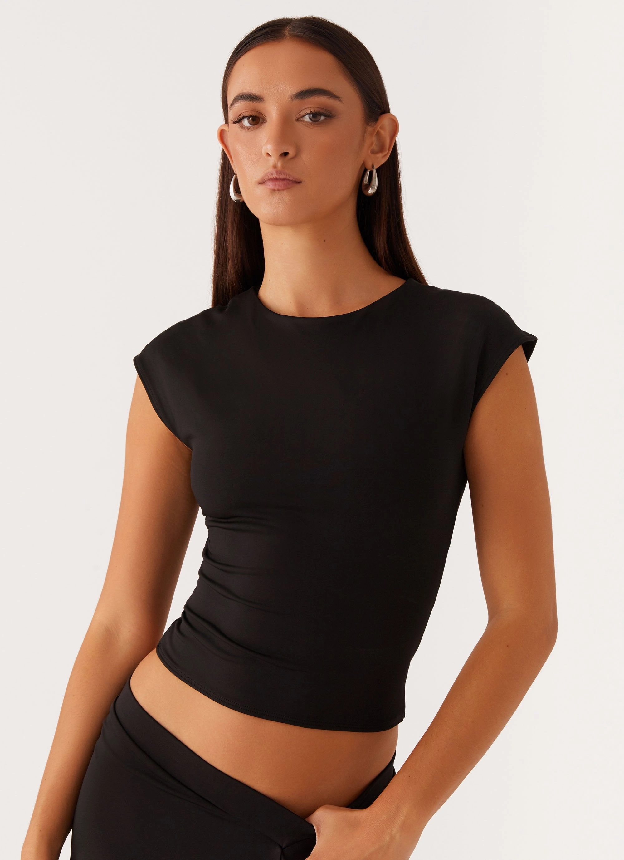 Shes A Lady Top - Black Stretch Waistband Design Interlock Knit