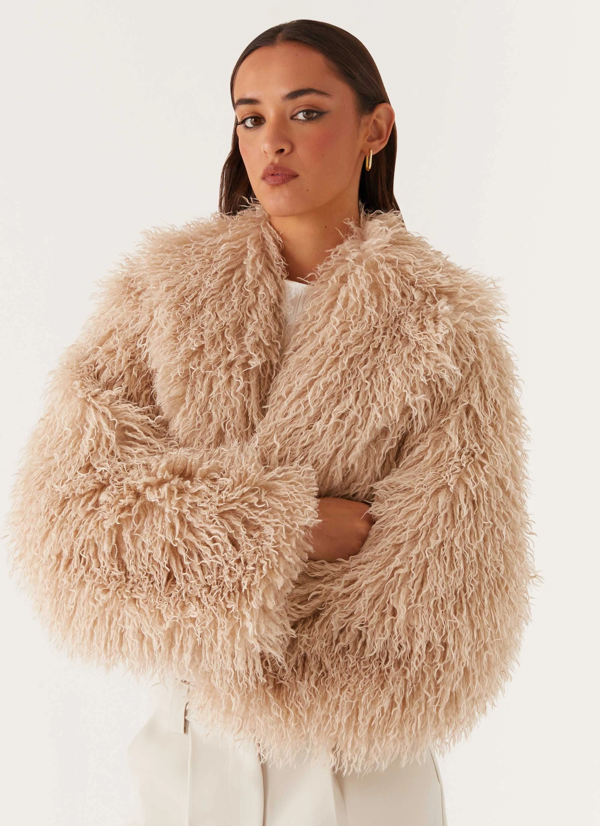 Virginia Cropped Fur Jacket - Taupe Detachable Layers Matte Fabric