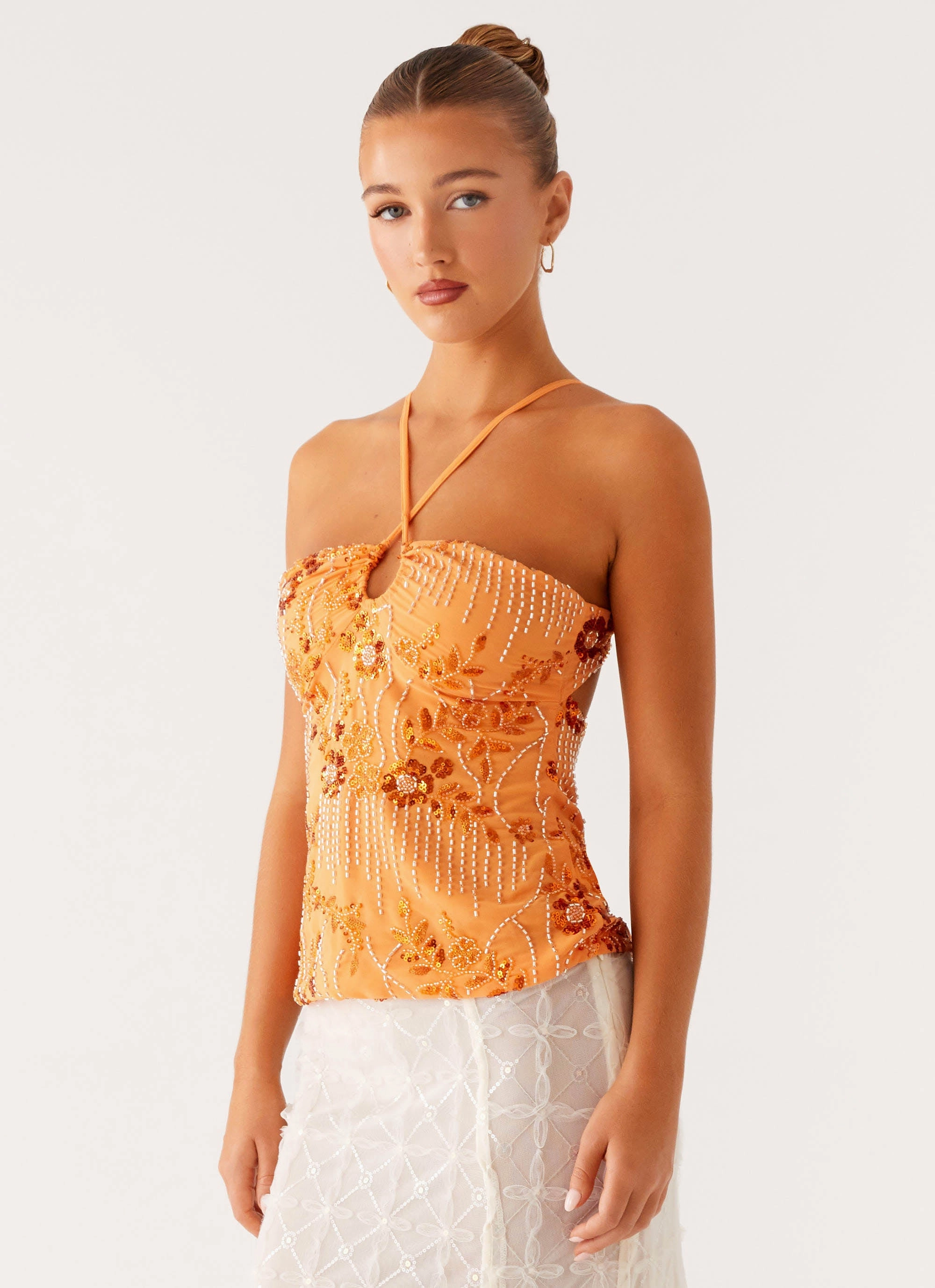Catalina Sequin Top - Orange Sleeveless Top Odor Resistant Fabric