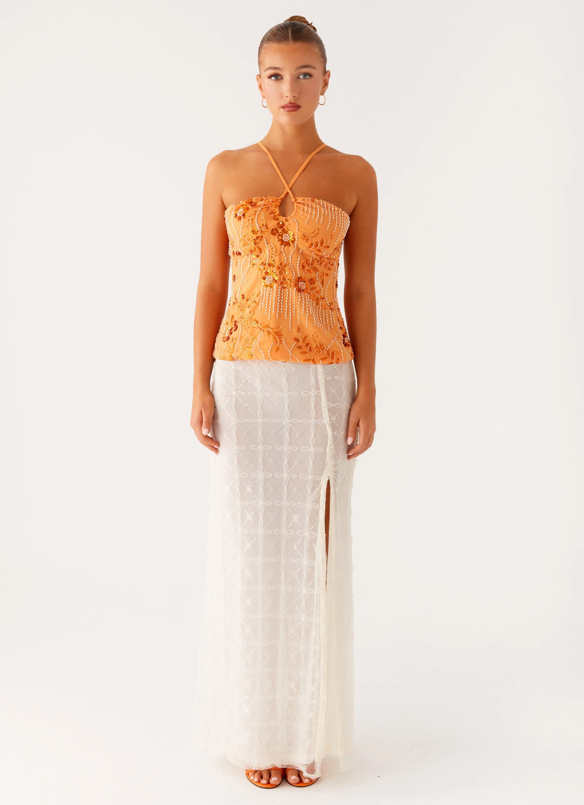 Catalina Sequin Top - Orange QuickDry Performance Stretch waistband