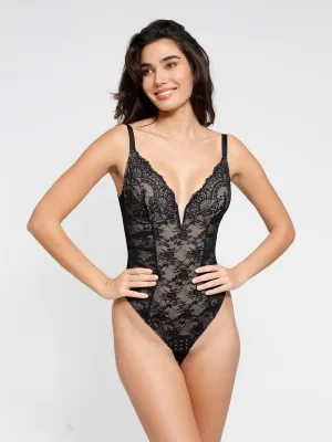 Ribbed collar AntiPilling Technology Shapewear Lace Deep V-Neck Low Back Hourglass Thong Bodysuit