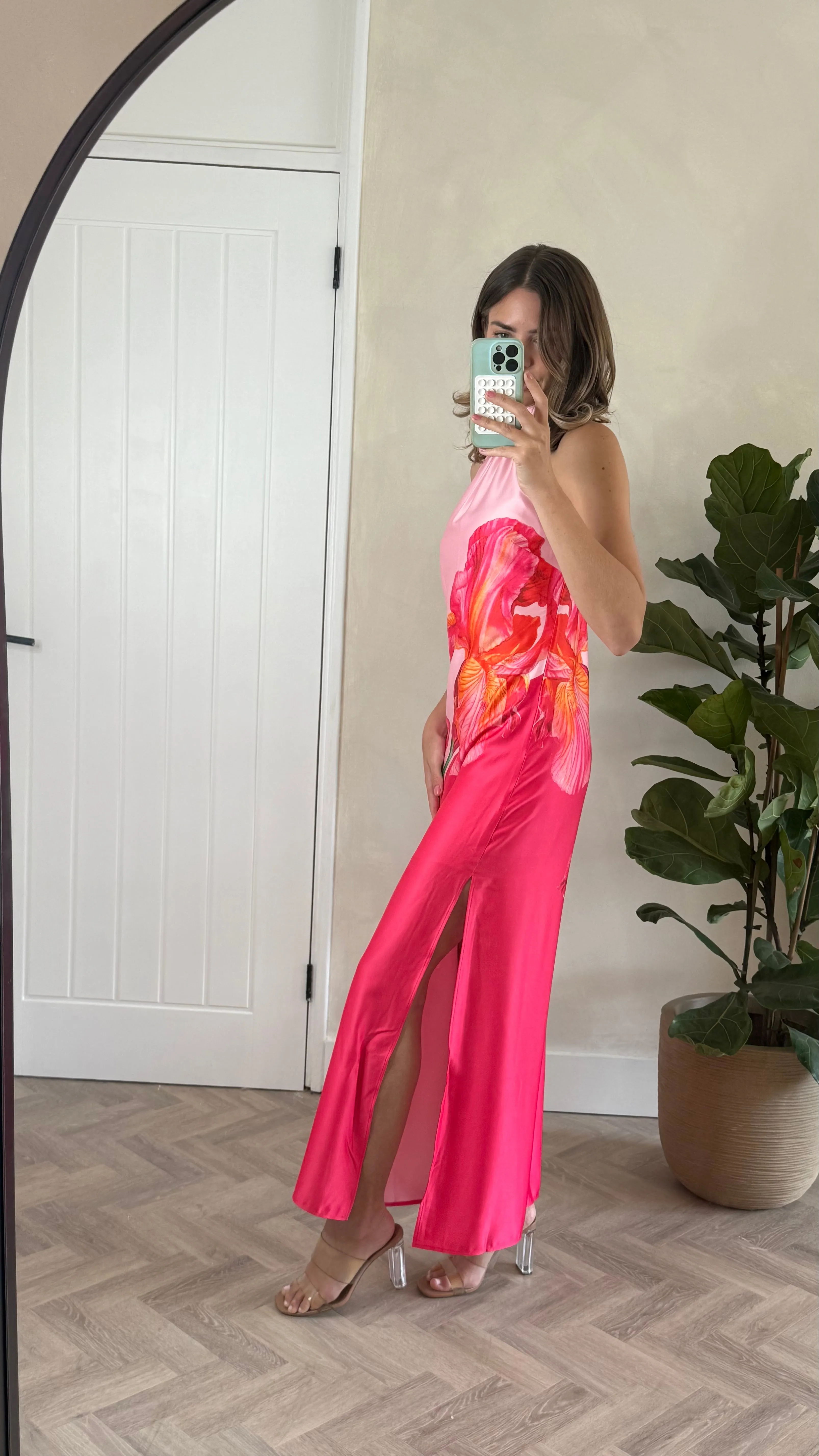 Sienna Satin Halter Placement Print Dress in Pink MoistureWickingTechnology