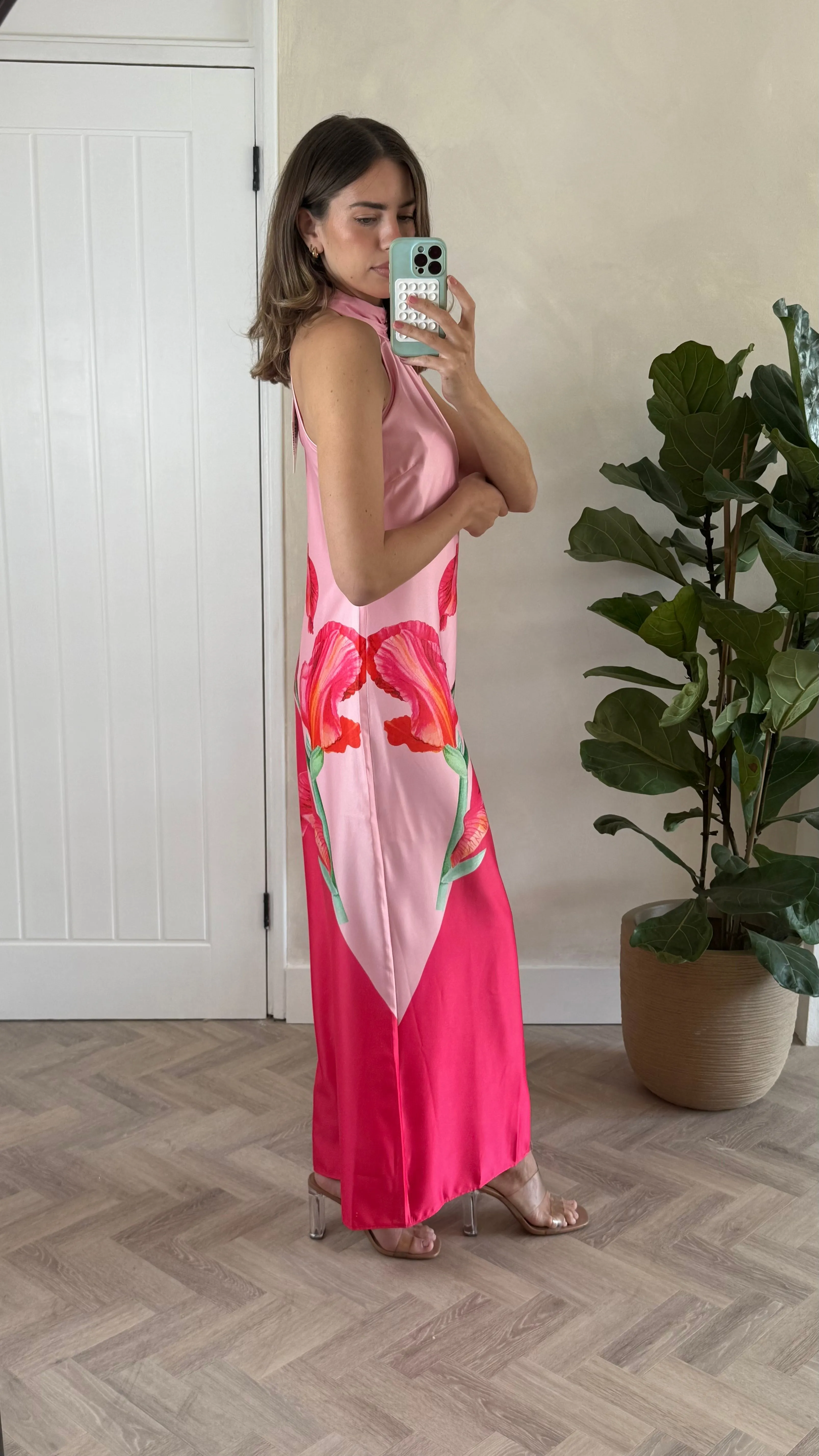 Sienna Satin Halter Placement Print Dress in Pink Pleat-Front