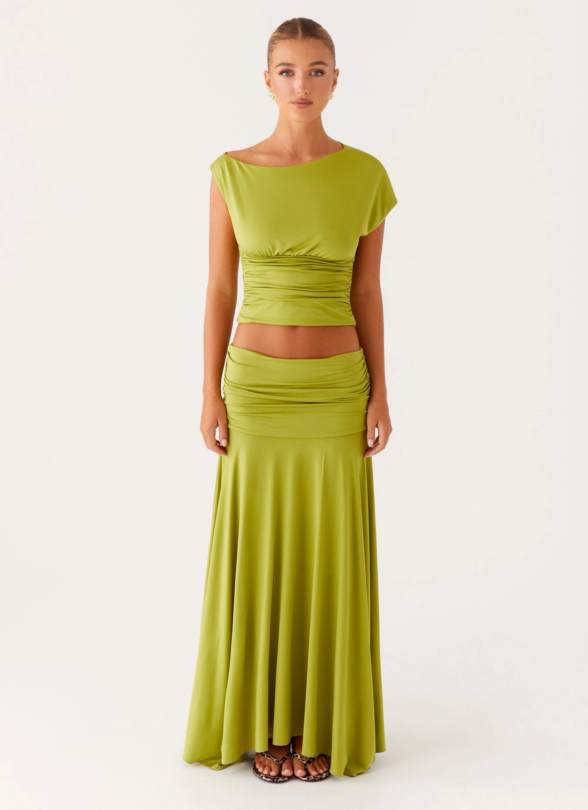 Liana Ruched Maxi Skirt - Green Texture Shot Cool Tone