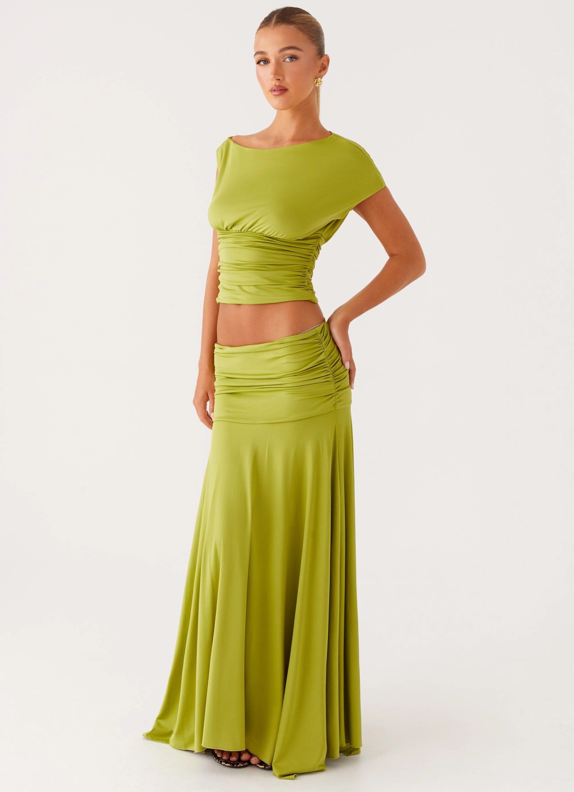 Crisp Fit Liana Ruched Maxi Skirt - Green