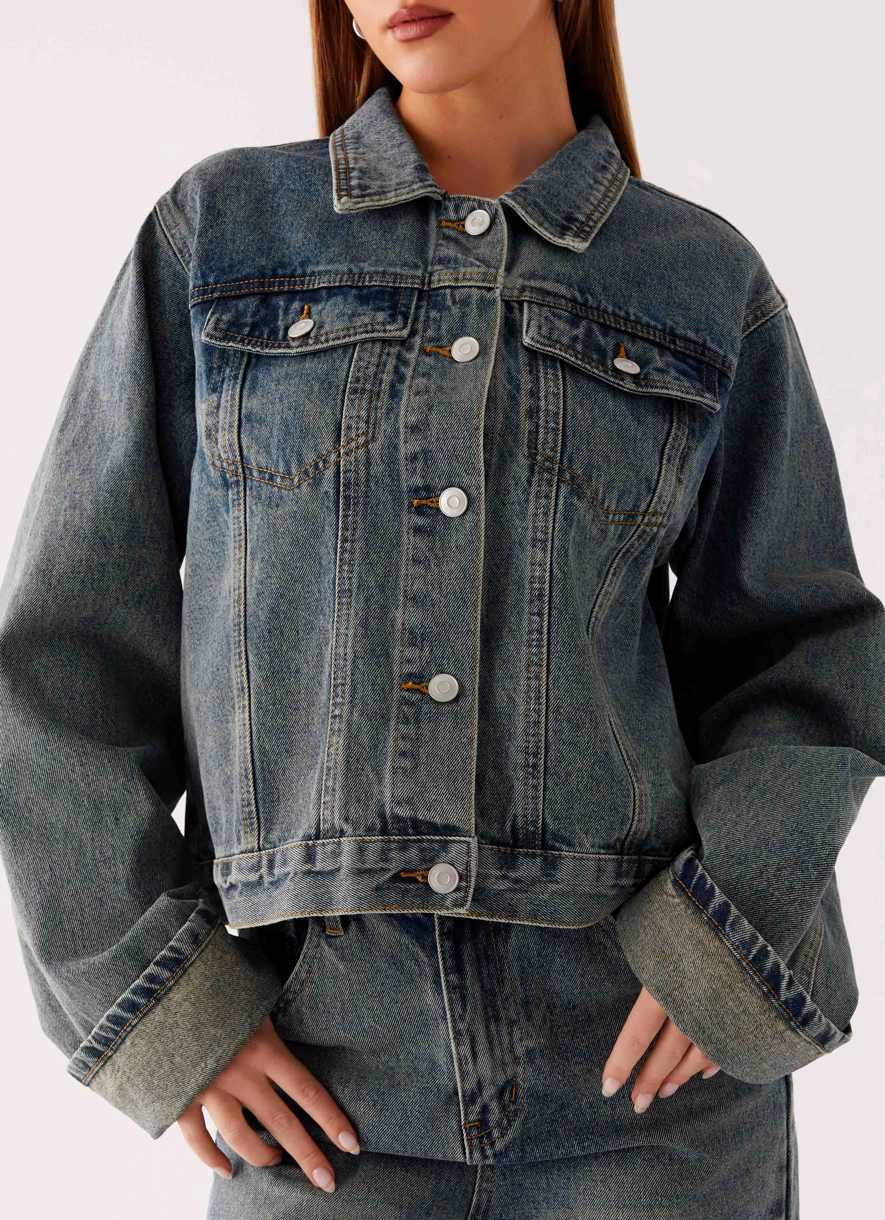 Back Again Oversized Denim Jacket - Dirty Wash Trail To Town Rubberized Trims
