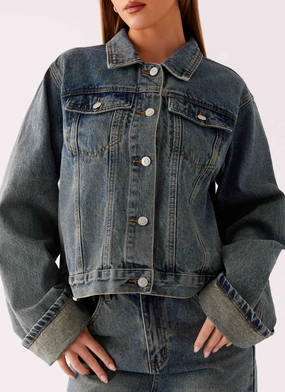 Back Again Oversized Denim Jacket - Dirty Wash Trail To Town Rubberized Trims
