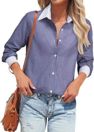 siliteelon Womens Cotton Button Down Shirts Striped Dress Shirts Pinstripes Long Sleeve Collared Blouses Colorblock Tops