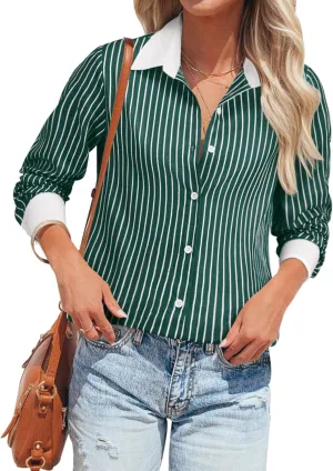 siliteelon Womens Cotton Button Down Shirts Striped Dress Shirts Pinstripes Long Sleeve Collared Blouses Colorblock Tops