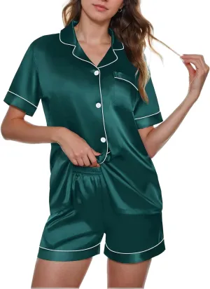 Silk Satin Pajama Sets Loungewear Two Piece Set Short Sleeve Button Down Shirts Shirts Outifts Summer Sleepwear