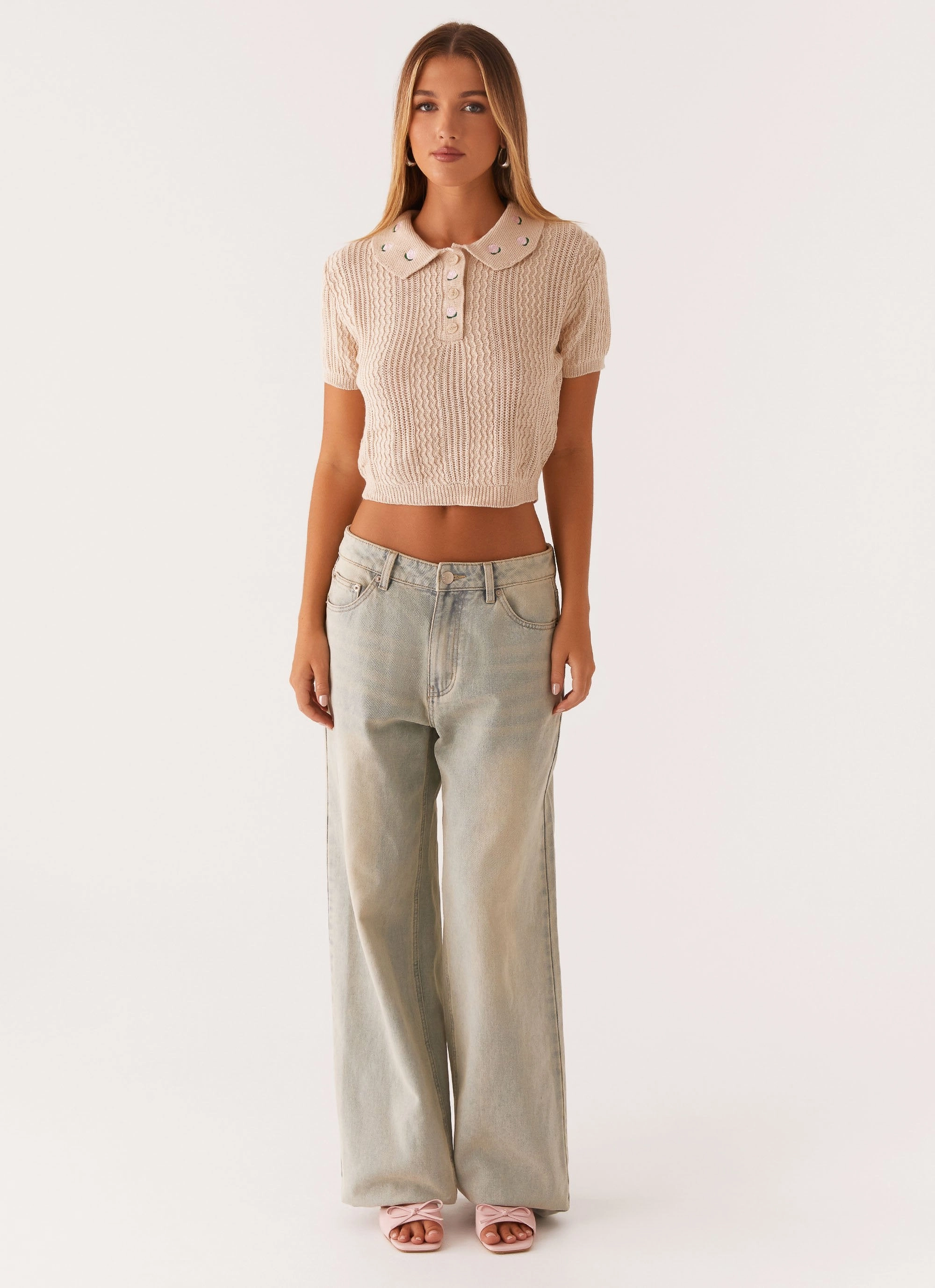 Aubrielle Knit Collar Top - Cream Garment Washed