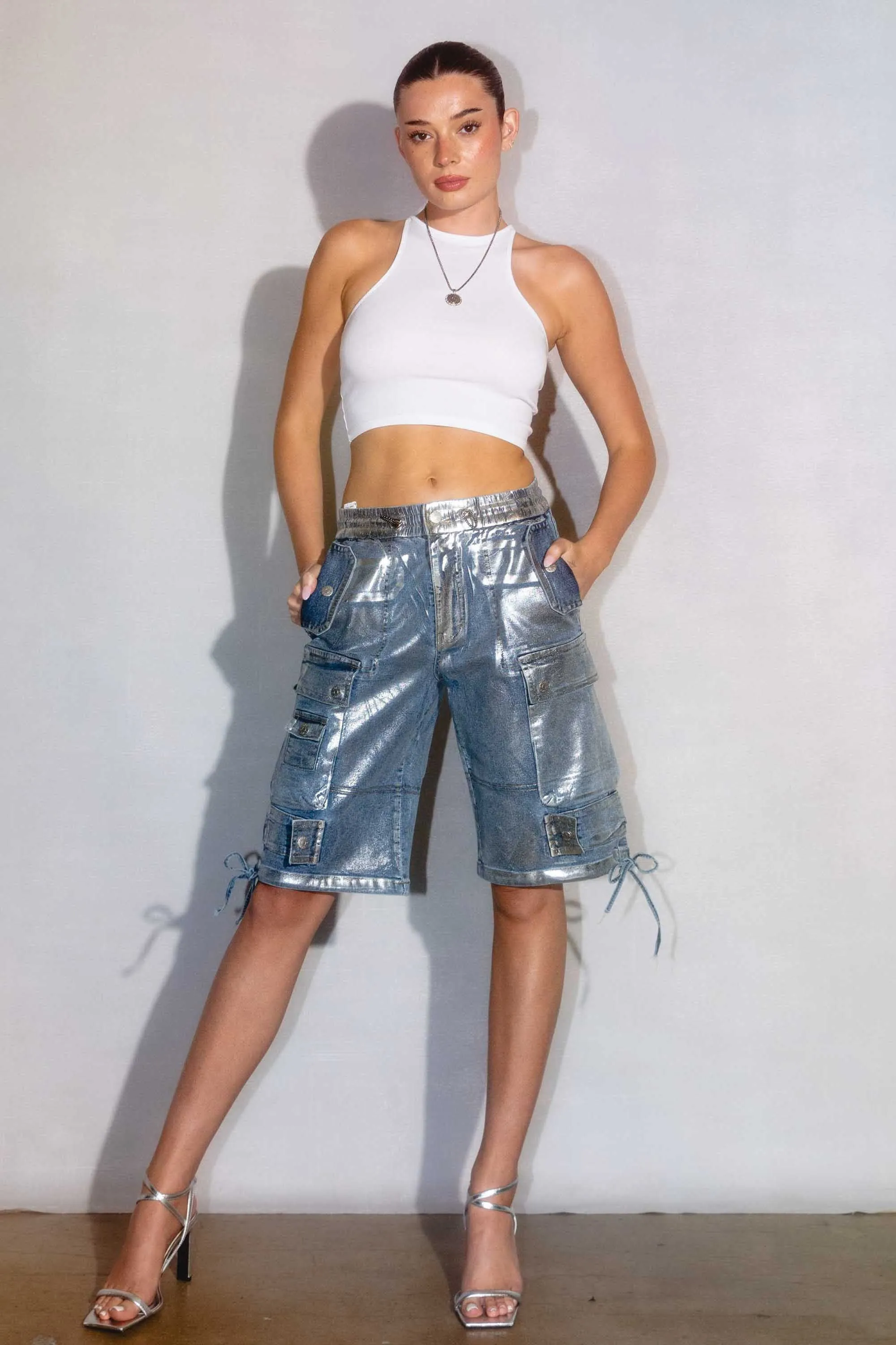 Silver Metallic Cargo Jorts