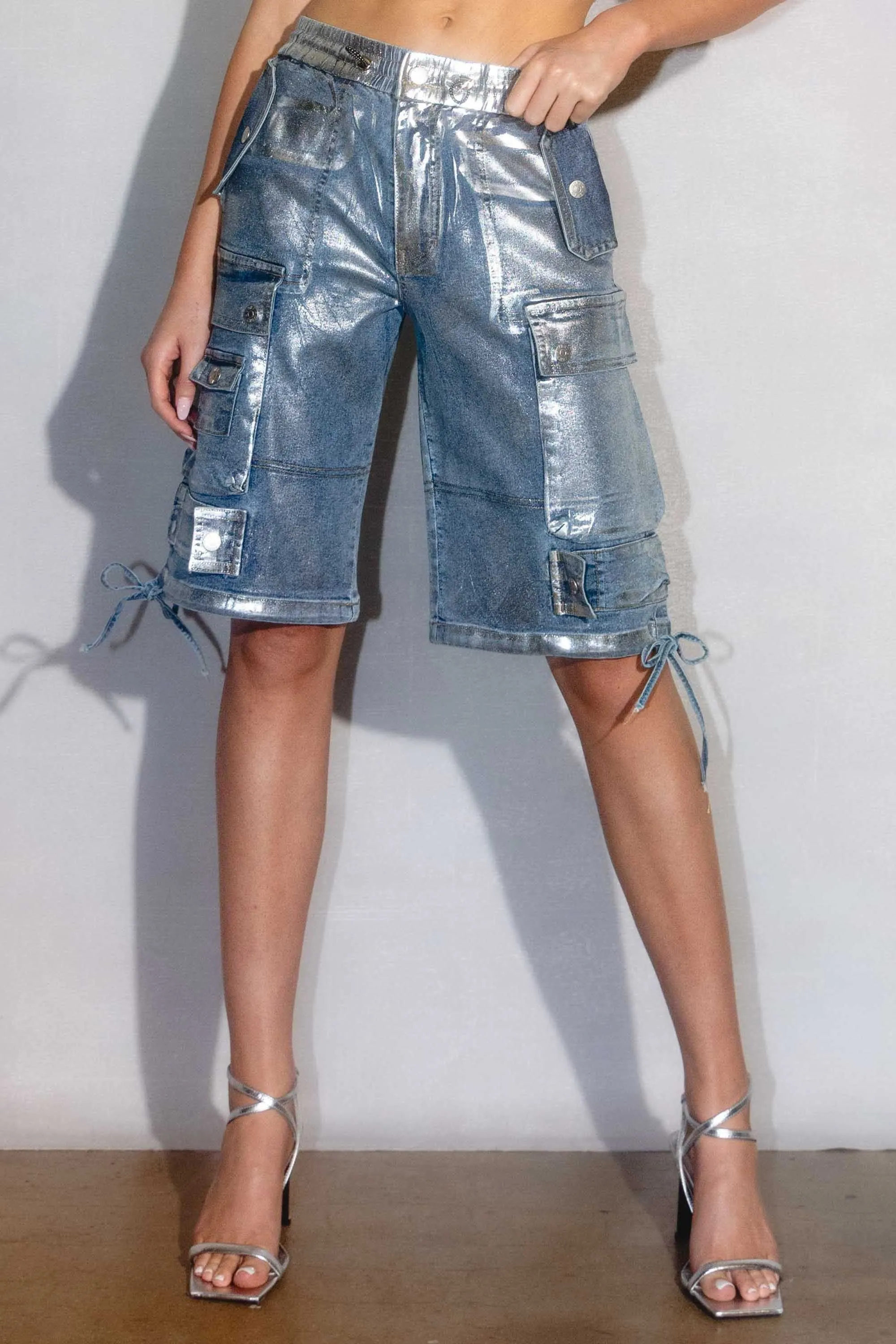 Silver Metallic Cargo Jorts