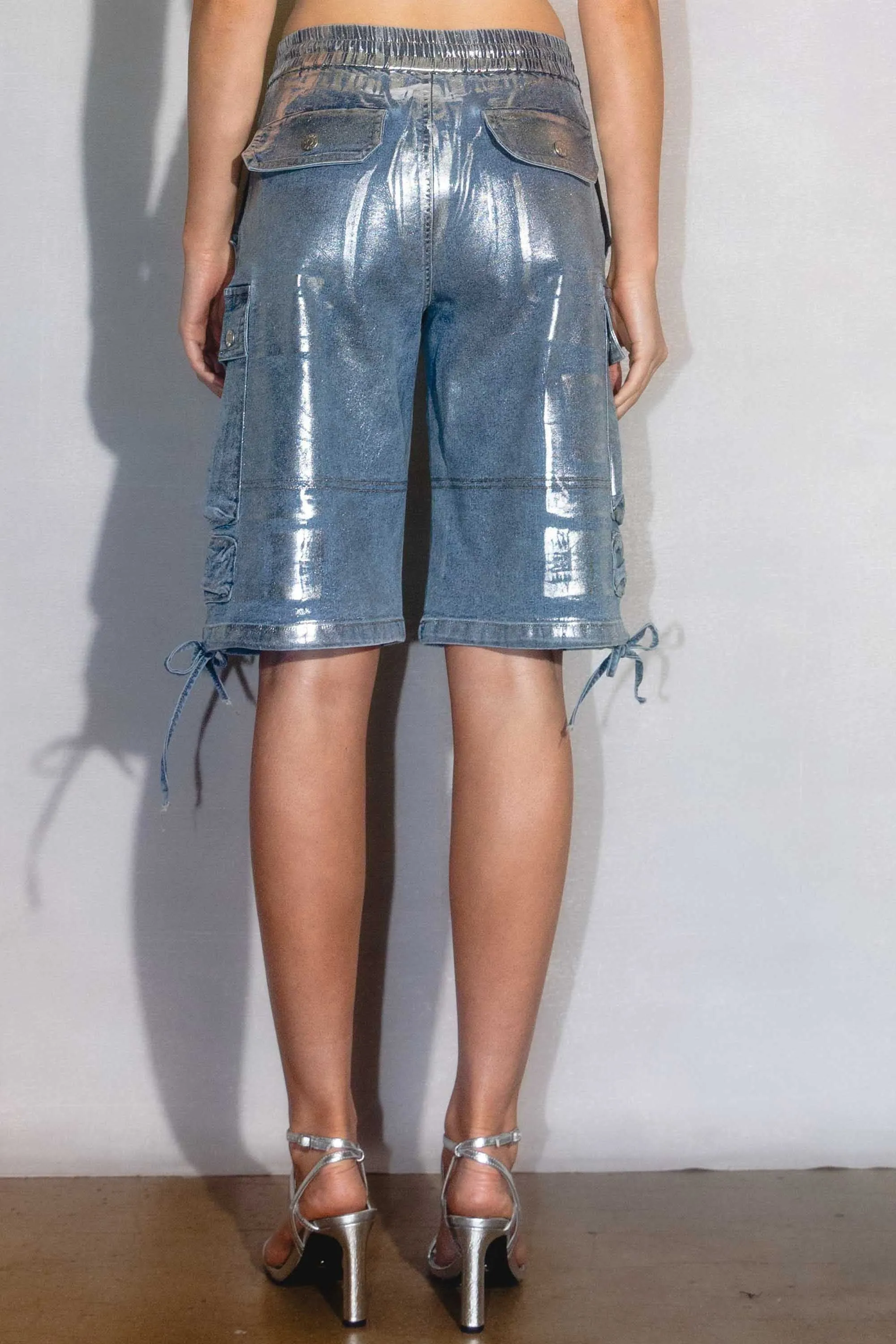 Silver Metallic Cargo Jorts