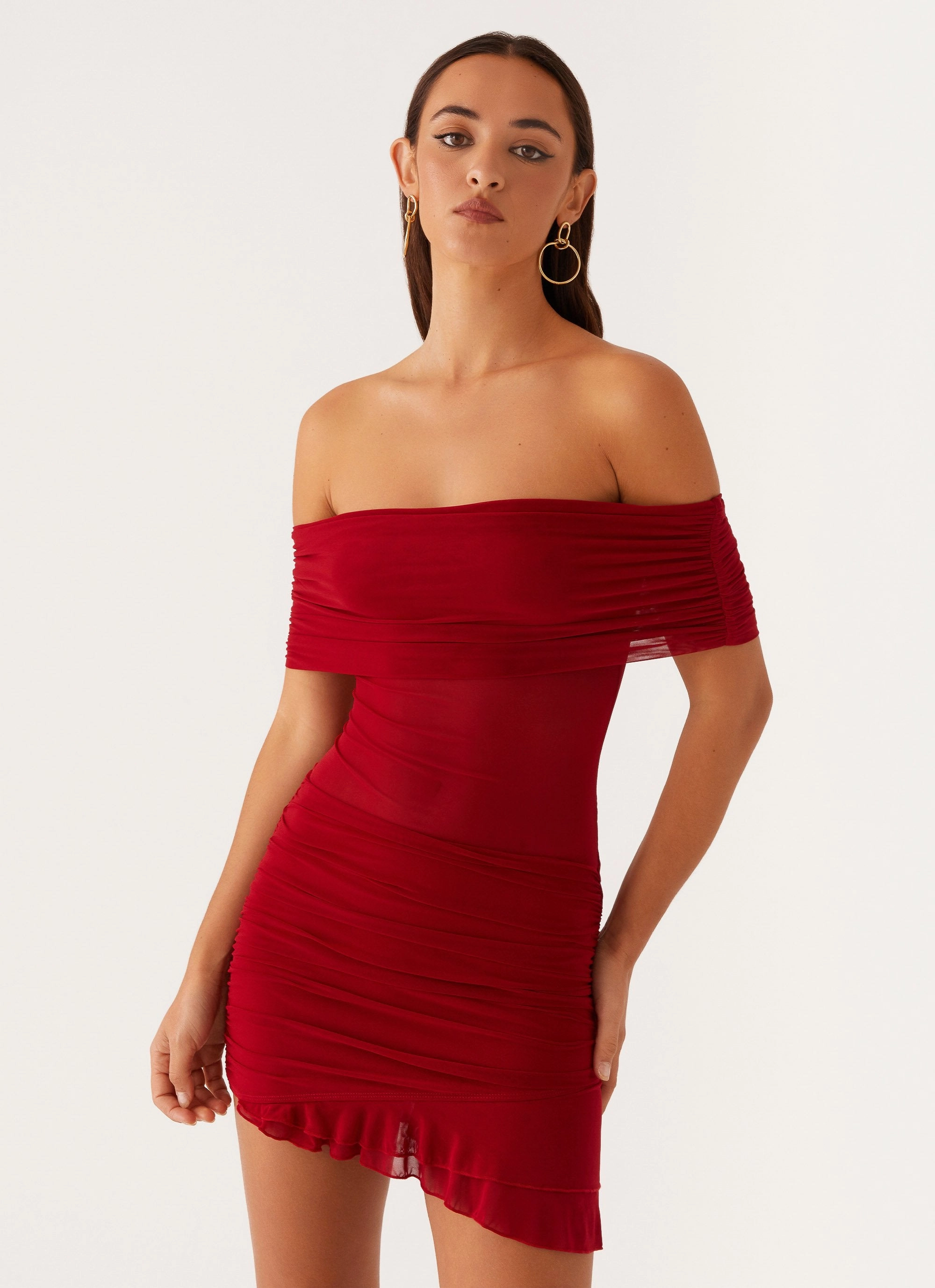 Nelly Off Shoulder Mini Dress - Deep Red Relaxed Movement