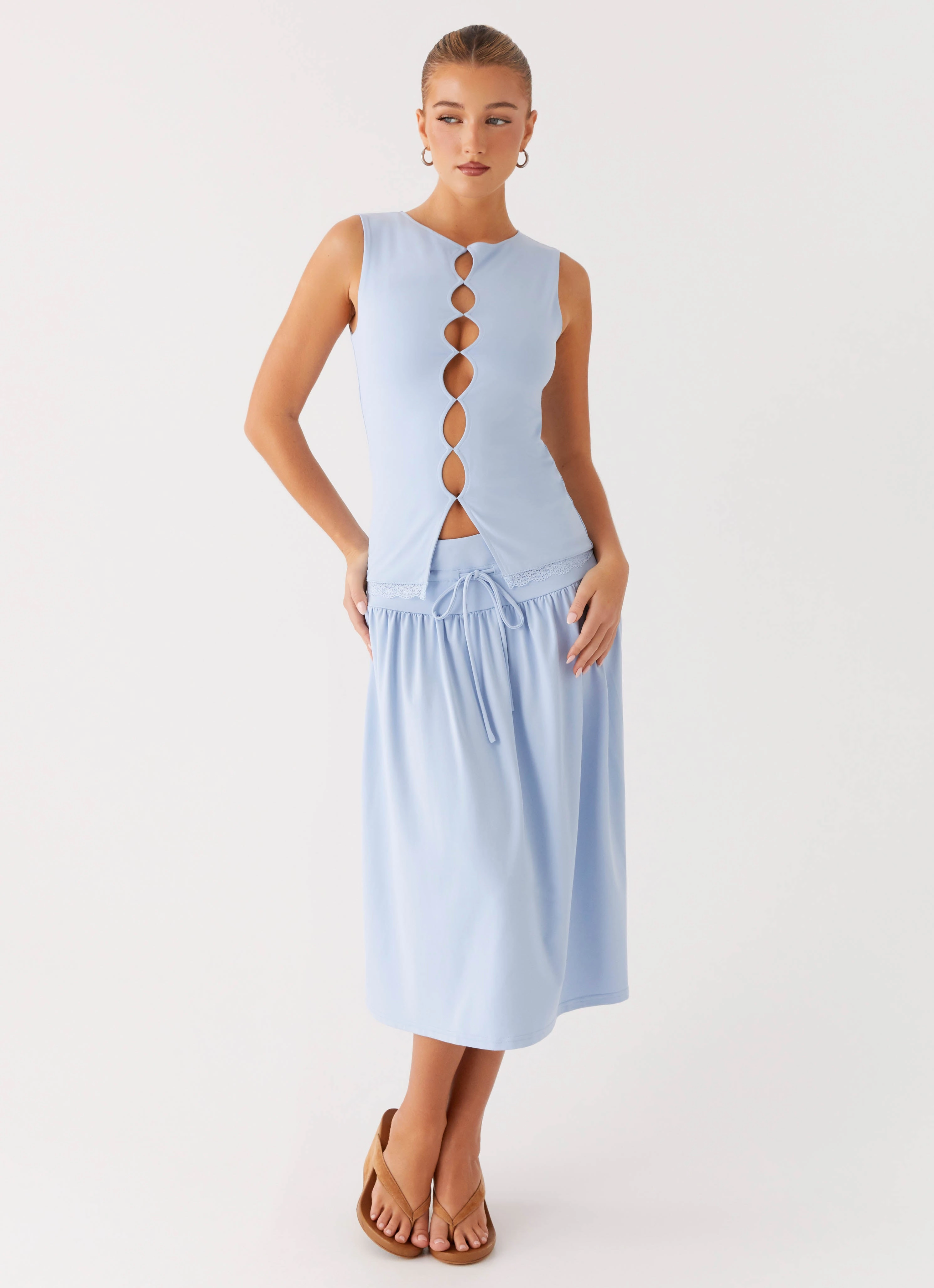 Casual Look Silver Tides Midi Skirt - Blue