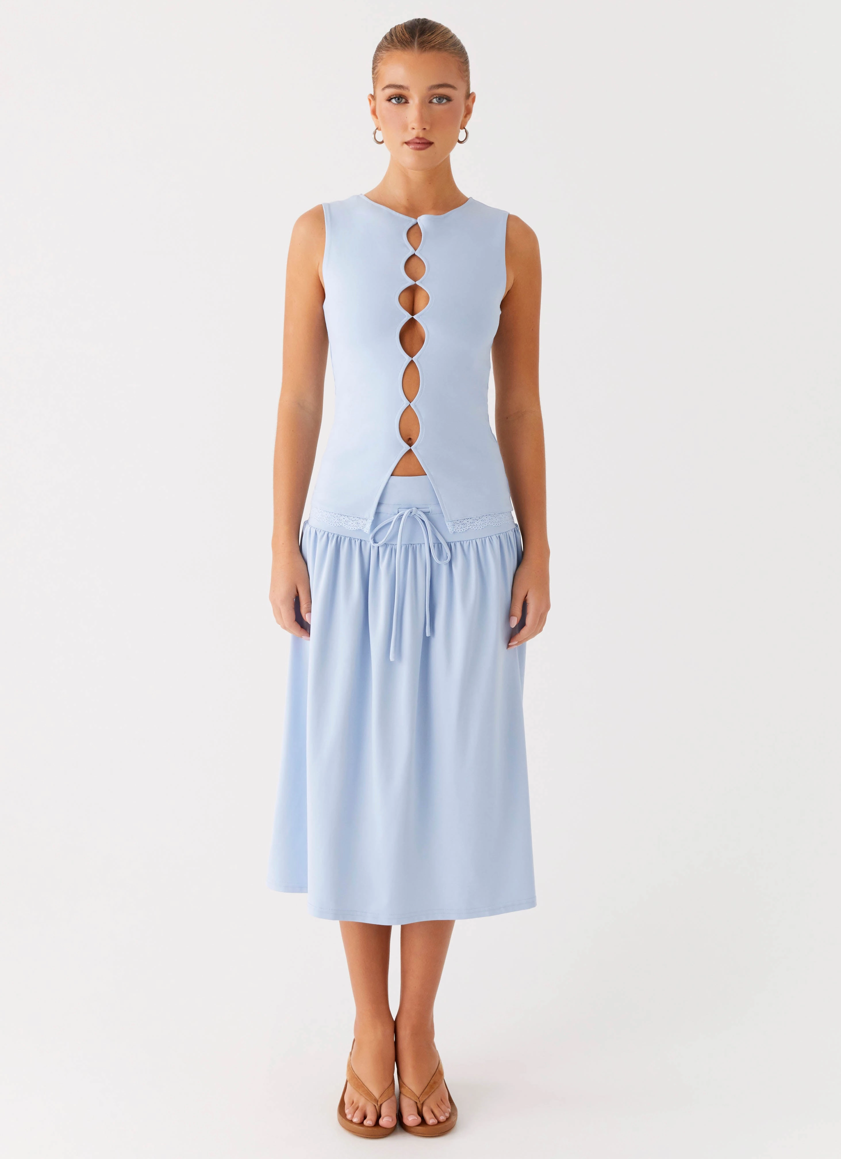 Silver Tides Midi Skirt - Blue Functional Waist