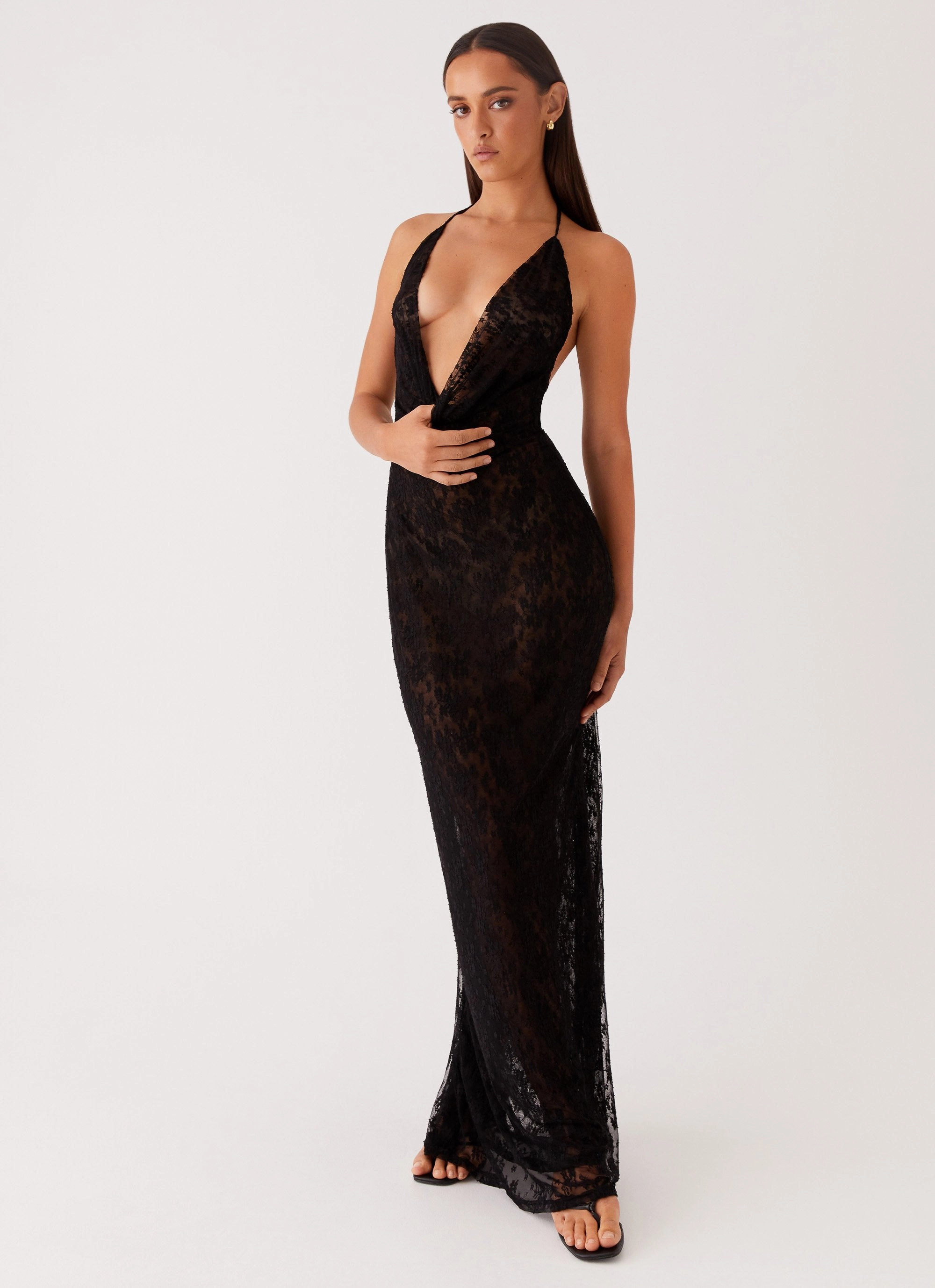 Relaxed Waist Fit Champagne Coastline Maxi Dress - Black