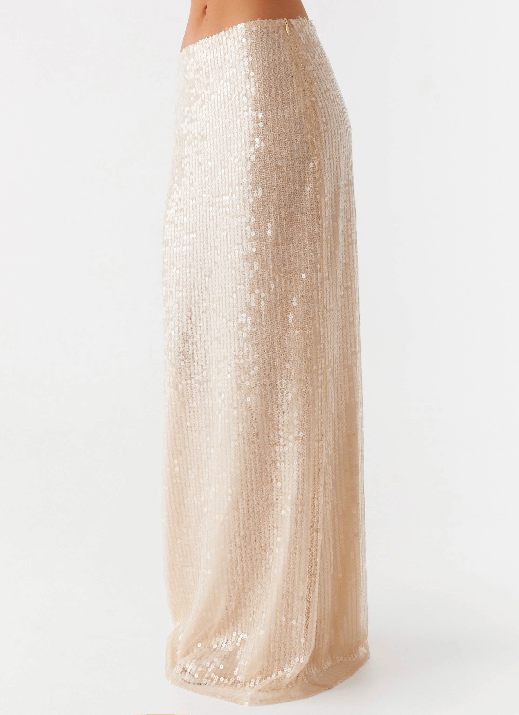 Wisteria Low Rise Sequin Maxi Skirt - Champagne Hidden Zipper